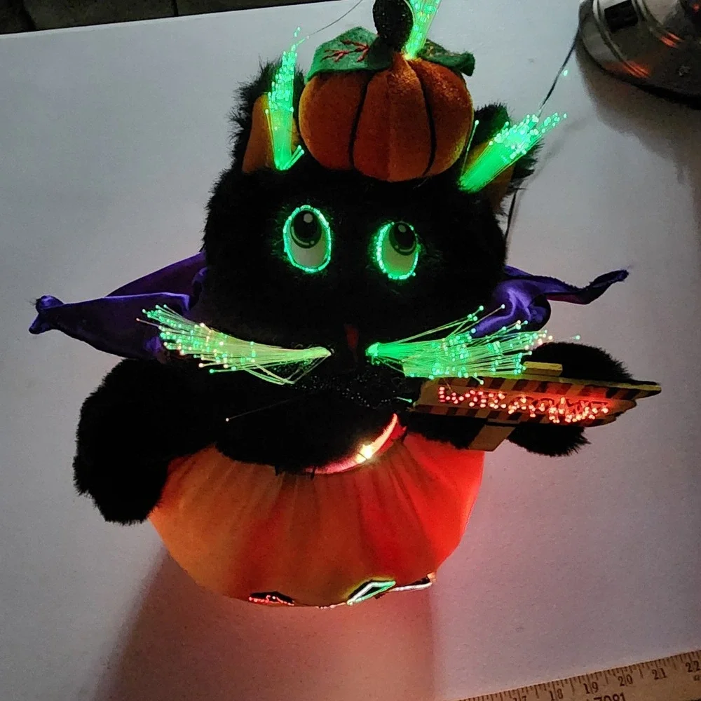 VTG Fiber Optic Halloween Black Cat Pumpkin Welcome Sign Light Up Decor 14 inch
